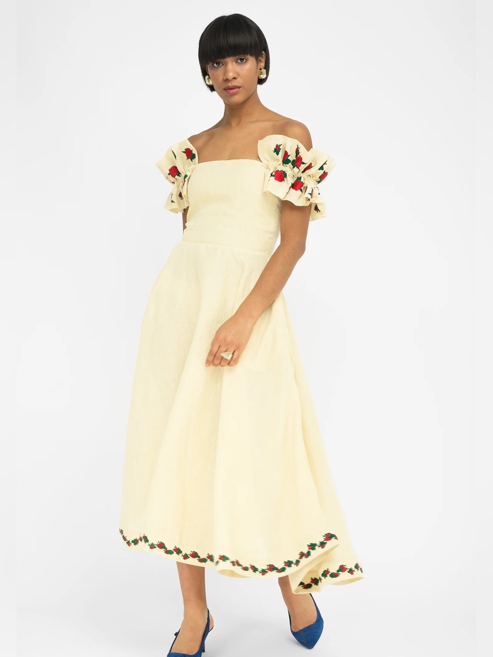 Fanm Mon Alanya linen off shoulder embroidered midi dress